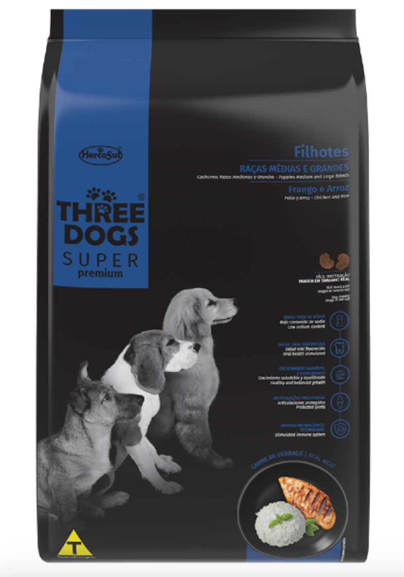 Three Dogs Super Premium: Cachorro Razas Medianas y Grandes - Pollo y Arroz 15 + 2Kg