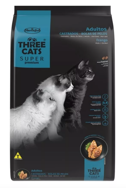 Three Cats Super premium: Bola de pelos Castrados - Salmon, Pollo y Carne  10.1Kg