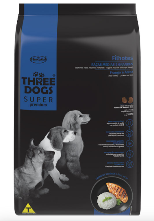 Three Dogs Super Premium: Cachorro Razas Medianas y Grandes - Pollo y Arroz 15 + 2Kg
