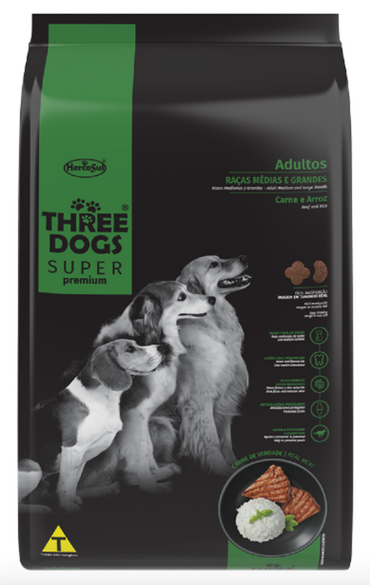 Three Dogs Super Premium: Adulto Razas Medianas y Grandes - Carne y Arroz 3Kg