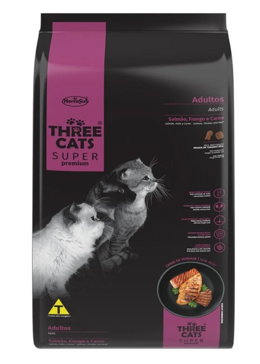 Three Cats Super premium: Gato Adulto - Salmon, Pollo y Carne  3Kg